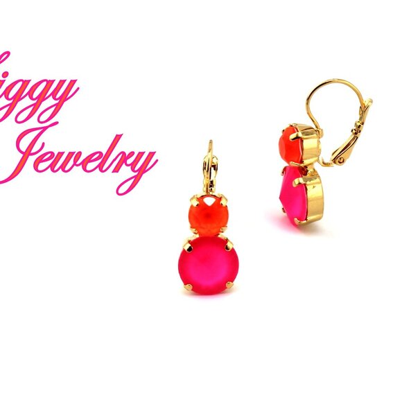 Neon Blaze 12mm Hot Pink and 8mm Orange Double Drop Lever Back Earrings - Picture 3 of 7
